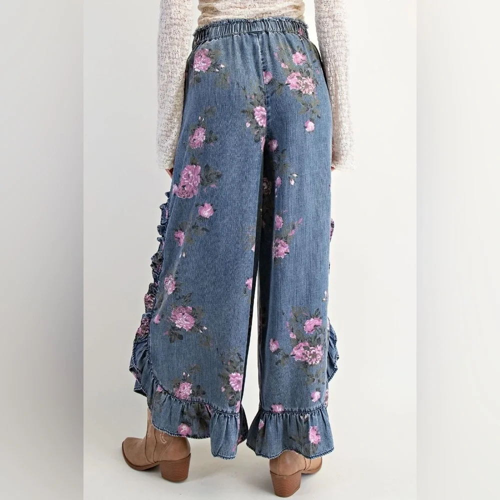 Easel Blue Floral Tencel Cropped Pants with Ruffle Hem - Picture 2 of 3